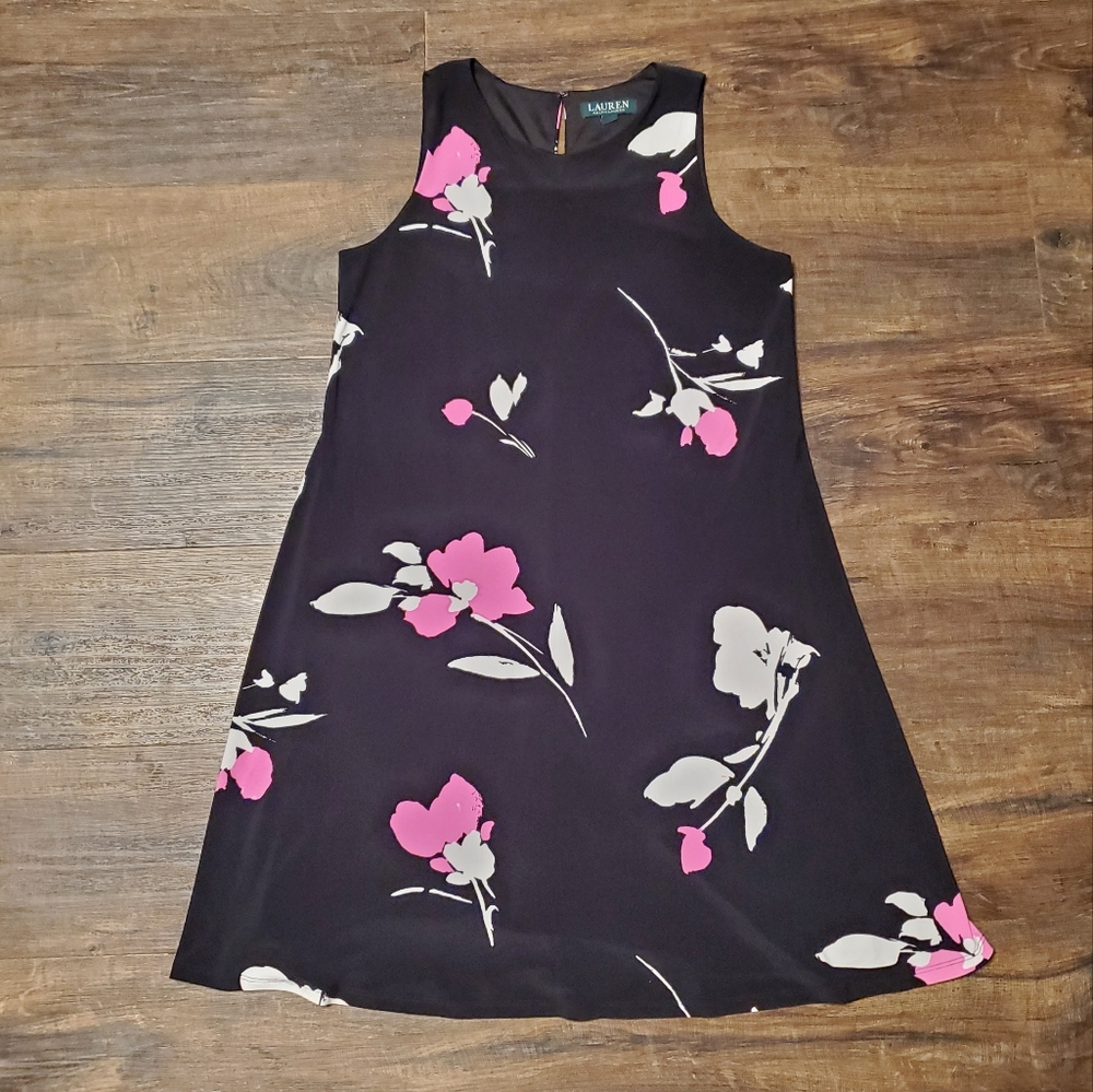 Lauren Ralph Lauren 10 Black Sleeveless Pink Floral Dress
